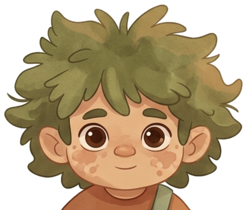 Fuzz the Fomo Gnome — a wide-eyed gnome with wild green hair and freckle blotches